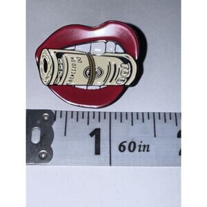 Red Lips Mouth Biting Roll Of $100 Hundred Dollar Bills Pin Brooch